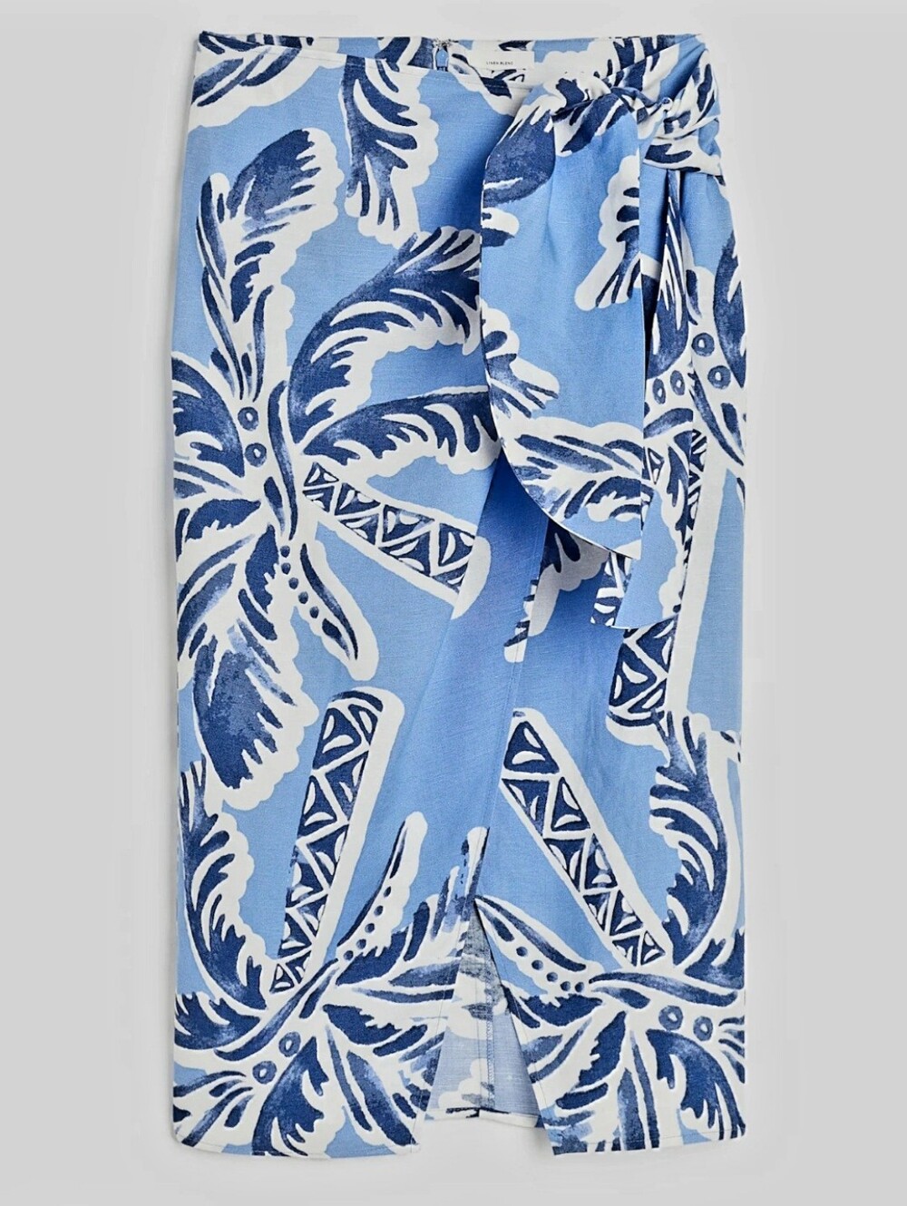 H&M Blue and White Palm-Print Wrap Midi Skirt. NWT Women's Size 2. Linen Viscose